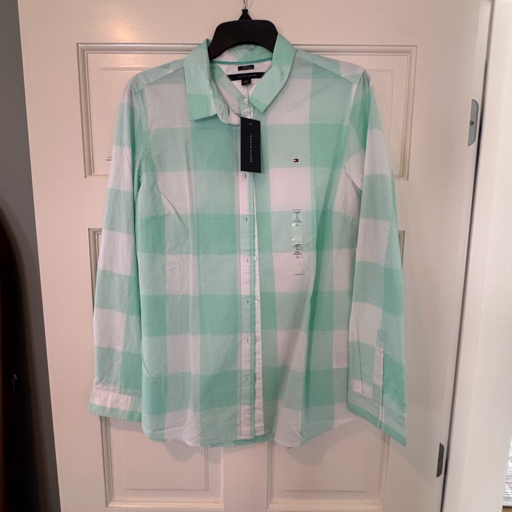 Tommy Hilfiger Mint Green Checkered plaid button up long sleeve shirt NWT L